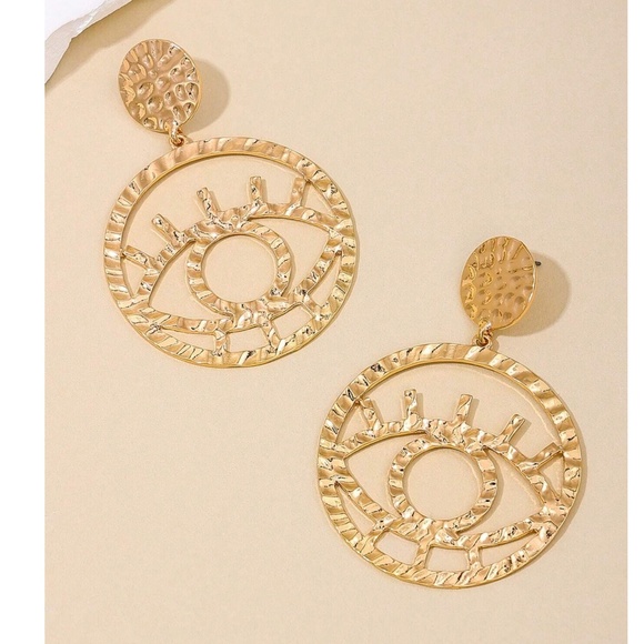 Luxe Gold Tone Stainless Steel Evil Eye Statement Earrings - Picture 1 of 3